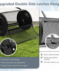 Close-up of 24 Inch Lawn Compost Spreader and Lawn Roller, showing double side latches and metal mesh design on grass.