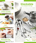 Stainless Steel Measuring Cups And Spoons Set Of 14 With Leveler, ergonomic handles, nesting in kitchen, include pour spouts.