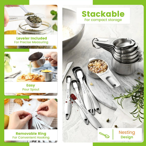 Stainless Steel Measuring Cups And Spoons Set Of 14 With Leveler, ergonomic handles, nesting in kitchen, include pour spouts.