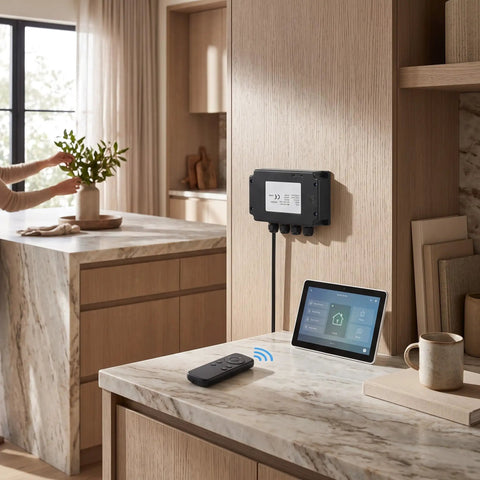 Heavy Duty Dual Motor Electric Actuator Controller With Wireless Remote And Wired Hall Sensor For Smart Home Furniture And Lifting Tables DC24V US Plug mounted on kitchen wall with remote and tablet.