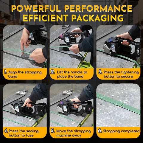 Cordless Electric Strapping Tool For Pet And Pp Straps Featuring Adjustable Tension Up To 3500N in use, securing strapping band.