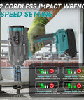 Professional Cordless Impact Wrench 1/2 Inch Brushless Motor 950 Ft Lbs Beast Mode Torque with 4 speed settings in use.