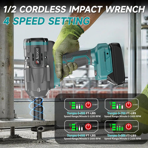 Professional Cordless Impact Wrench 1/2 Inch Brushless Motor 950 Ft Lbs Beast Mode Torque with 4 speed settings in use.