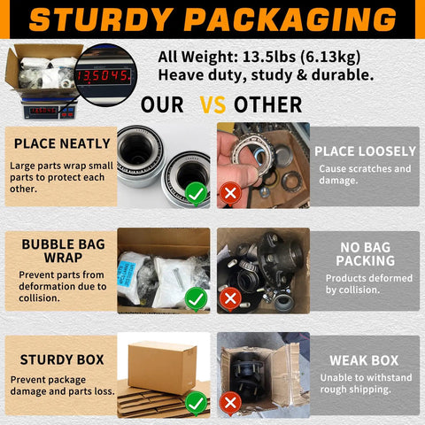 Comparison of sturdy vs weak packaging for 4x4 Inch Trailer Hub Kit for 2000 Lb Straight Spindle 1 Inch or 1 and 1 Sixteenth Inch.