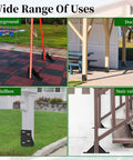 Image showing uses of Eight Piece Post Base Pergola Bracket Kit Inner Size 3.5 Inch By 3.5 Inch Heavy Duty Black Powder Coated Steel 2.0 Mm Thick 90 Degree Brackets in playground, dock, mailbox, and stair railing installations.