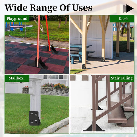 Image showing uses of Eight Piece Post Base Pergola Bracket Kit Inner Size 3.5 Inch By 3.5 Inch Heavy Duty Black Powder Coated Steel 2.0 Mm Thick 90 Degree Brackets in playground, dock, mailbox, and stair railing installations.