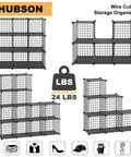 Modular 16 Cube Wire Storage Organizer System for Home Closets Books Toys Crafts Plants and Pets Freely Configurable Metal Grid Shelving in Black for Flexible Space Saving Organization, shows four configurations and weight capacity.