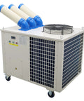 28900 Btu Industrial Spot Cooler And Portable Air Conditioner with three blue vents and mobile design for workshop cooling.