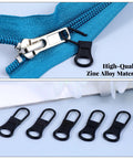 10 Pack Detachable Zipper Pull Tabs Replacement Kit In Black And Silver Gray for jackets, backpacks, and bags displayed on a zipper.