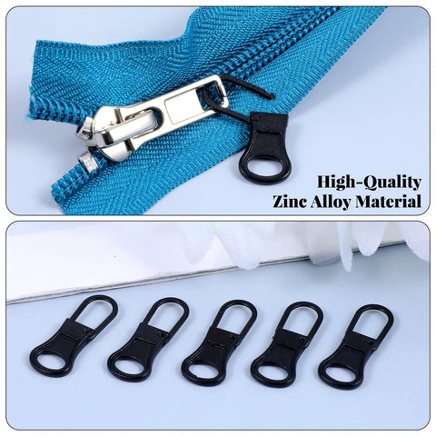 10 Pack Detachable Zipper Pull Tabs Replacement Kit In Black And Silver Gray for jackets, backpacks, and bags displayed on a zipper.