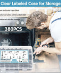 Man using drill near Stainless Steel Self Tapping Screws Kit With 380 Pieces Black Oxide TEK Screws For Metal in labeled case