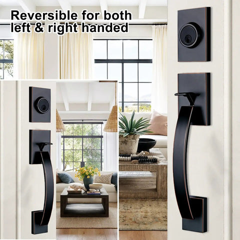 Double Door Handle Set With Keyed Entry And Dummy Handles In Venetian Aged Bronze for front and back doors installation view