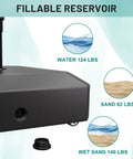 Close-up of mobile umbrella base with four wheels, showing fillable reservoir for water, sand, or wet sand stability for patio use.