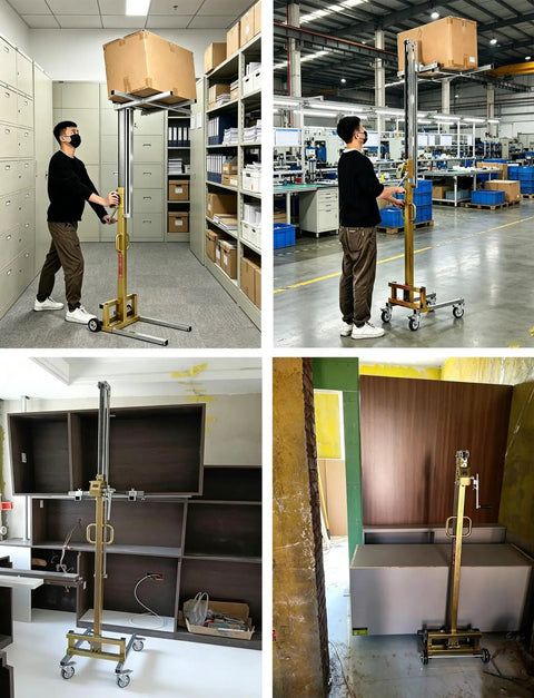 Top Rated Portable Material Lift With Manual Winch Stacker And Forks used for lifting boxes in warehouse and installation settings.