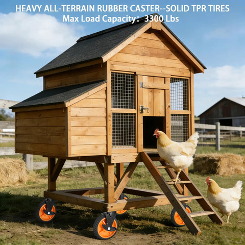 Eight Inch Heavy Duty Caster Wheels Set Of Four Featuring Never Flat Solid Rubber Tires With Knobby Treads for chicken coop on grass.
