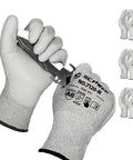 Three Pairs Cut Resistant Gloves ANSI A6 A7 With Touchscreen Friendly Design For Men And Women displayed with knife handling.