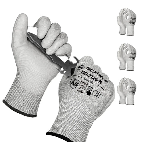 Three Pairs Cut Resistant Gloves ANSI A6 A7 With Touchscreen Friendly Design For Men And Women displayed with knife handling.