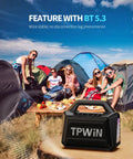 80W Portable Bluetooth Speaker With Big Bass And Rugged Outdoor Vibe, IPX6 Waterproof, shown at a campsite with people and tents.