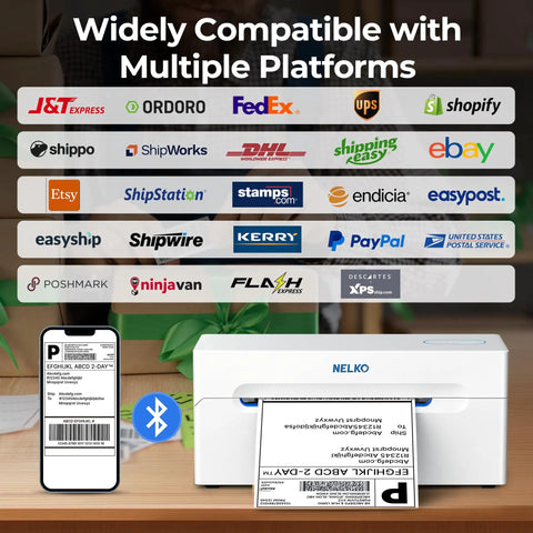 Bluetooth Thermal Shipping Label Printer For Small Biz Wireless 4x6 Label Printer That Works With IPhone Android Windows Great For Amazon eBay Shopify Etsy White on desk beside phone showing label preview, compatible with multiple platforms.