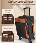 Lightweight 20 Inch Softside Carry On Luggage With Four Spinner Wheels Airline Approved 22 By 14 By 9 TSA Lock Telescoping Handle Airport Friendly Workhorse Travel Bag For Women And Men showing laptop compartment with pocket details