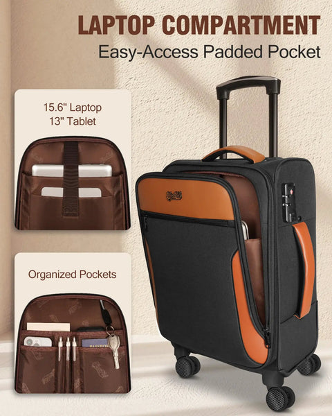 Lightweight 20 Inch Softside Carry On Luggage With Four Spinner Wheels Airline Approved 22 By 14 By 9 TSA Lock Telescoping Handle Airport Friendly Workhorse Travel Bag For Women And Men showing laptop compartment with pocket details