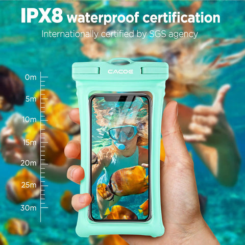 Floatable Waterproof Phone Pouch 2 Pack For Up To 7.0 Inch Devices IPX8 Seal With Easy Snap Lock Keeps Your Phone Safe From Water Snow Dirt Black And Green, held underwater with a diver visible through the pouch.
