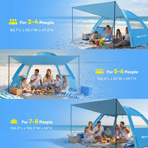 Beach Tent Sun Shelter With Canopy That Pops Up In Minutes, UPF 50 UV Protection, family enjoying beach, fits 3 to 8 people