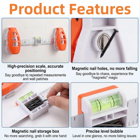 Essential Dead On Picture Hanging Level And Frame Alignment Ruler For No Sweat Wall Decor Setup With Bright Orange Precision Bubble Guide For Reliable Art Placement features high-precision scale and magnetic nail holes.