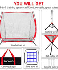 6x6 Ft Portable Baseball And Softball Practice Net With Sturdy Bow Frame, Batting Tee, Ball Caddy And Strike Zone Target For Backyard Hitting, Pitching And Throwing Training, Durable Heavy Duty Net For Kids with included accessories displayed.
