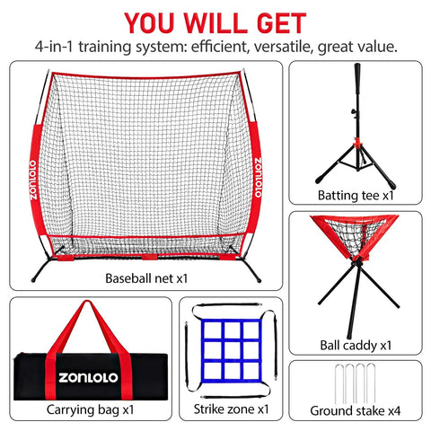 6x6 Ft Portable Baseball And Softball Practice Net With Sturdy Bow Frame, Batting Tee, Ball Caddy And Strike Zone Target For Backyard Hitting, Pitching And Throwing Training, Durable Heavy Duty Net For Kids with included accessories displayed.