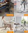 Collage of office and gaming setups on Heavy Duty 36x48 Inch Chair Mat For Carpet Protects Floors From Rolling Office And Gaming Chairs Clear Under Desk Rug Pad With Studded Anti Slip Backing For Smooth Glide And Quiet Movement, showing study, workout, office ergonomics.