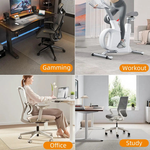 Collage of office and gaming setups on Heavy Duty 36x48 Inch Chair Mat For Carpet Protects Floors From Rolling Office And Gaming Chairs Clear Under Desk Rug Pad With Studded Anti Slip Backing For Smooth Glide And Quiet Movement, showing study, workout, office ergonomics.