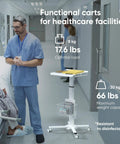 Healthcare worker with Mobile Laptop Cart On Wheels With Adjustable Height From 29.7 To 45.2 Inches, in clinic setting.