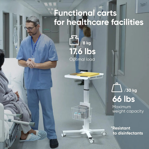 Healthcare worker with Mobile Laptop Cart On Wheels With Adjustable Height From 29.7 To 45.2 Inches, in clinic setting.