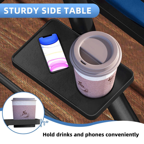 Cozy Three Seat Patio Swing With Adjustable Canopy And Built In Side Tables, showing sturdy side table holding cup and phone