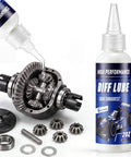 Rock Hard 2 Oz Rc Differential Oil 500K Cst Silicone Fluid being poured into a sealed gear differential with gears.