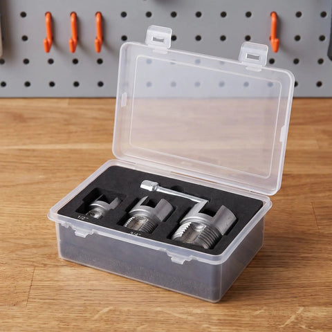 Heavy Duty Pipe Threading Tool Kit For Metal And PVC Pipes Half Inch Three Quarter Inch One Inch Internal And External Threaders Dual Function Plumbing Tool For Quick Easy Maintenance On The Job in case
