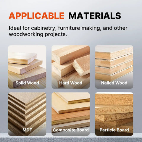Image showing various wood types including solid, hard, nailed, MDF, composite, and particle board for woodworking projects.
