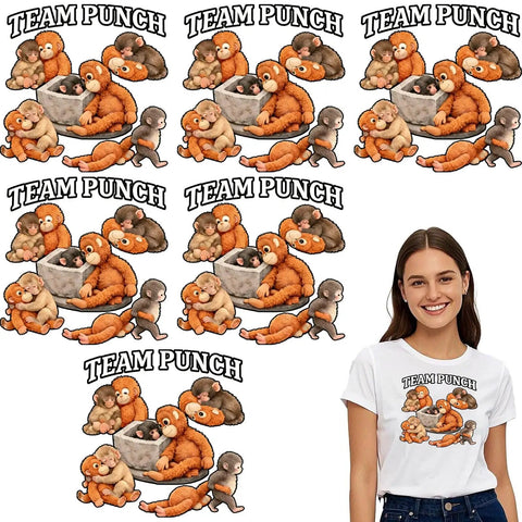 Funny Monkey Team Punchs DTF Transfers Pack Ready To Press Heat Transfer Stickers display on white tee.