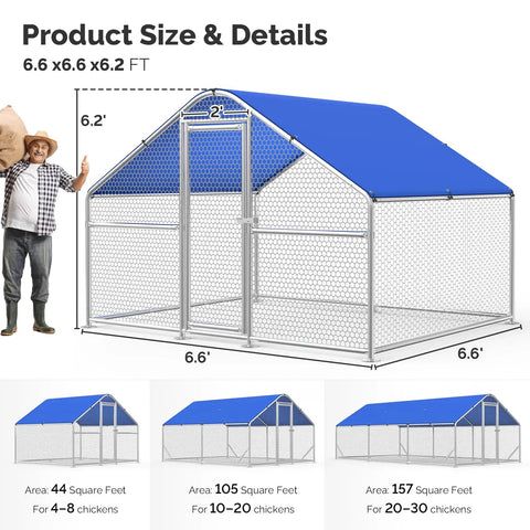 Heavy Duty Hexagonal PVC Coated Chicken Coop With Walk In Run 6.6 x 6.6 x 6.2 FT details, blue weatherproof cover visible.