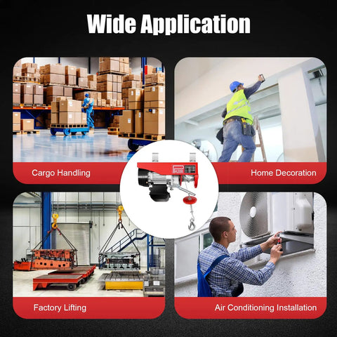 Electric Hoist With Remote Control 110V Winch Lift For Factories Warehouses And Construction Sites Dual Rope Capability Up To 440 Lbs featured in different applications like cargo handling and air conditioning installation.