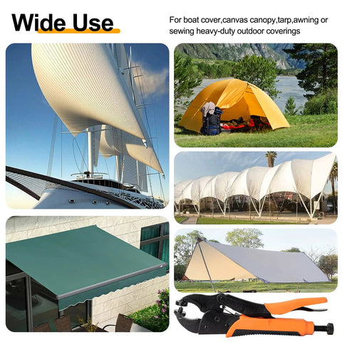 Heavy Duty Snap Fastener Kit With Punch Plier And 280 Pcs 15mm Stainless Snaps Includes Screws Sockets Caps 40 Snap Sets For Boat Covers Tarps Canvas Leather Easy Install Tools In Clear Storage Box shown with applications on tents, boats, and awnings.