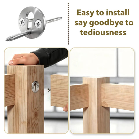 Set Of Eight Heavy Duty Newel Post Fasteners With Concealed Mounting Brackets And Coarse Thread Screws For Rigging Stair Railings To Posts, close-up of installation process.