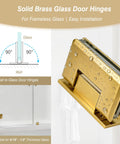 Close-up of Brass Shower Door Hinge With 90 Degree Offset For Frameless Glass, Wall Mount, Gold Finish, showing water droplets.
