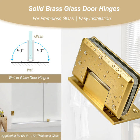 Close-up of Brass Shower Door Hinge With 90 Degree Offset For Frameless Glass, Wall Mount, Gold Finish, showing water droplets.