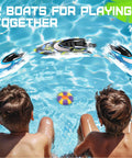 Children watching 2 Pack 12 Inch Fast RC Boats Reach 30 KPH In Lakes Pools And Salt Water With A Portable Carry Case