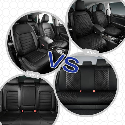 Piping Luxury Faux Leather Car Seat Covers Waterproof Anti Slip Front Seat Protector Ergonomic All Day Comfort Universal Fit Before and After