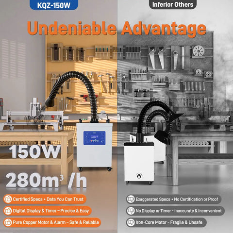 150W Solder Fume Extractor With 280 Cubic Meters Per Hour Air Flow, LED Display, Brushless Motor in workshop comparison