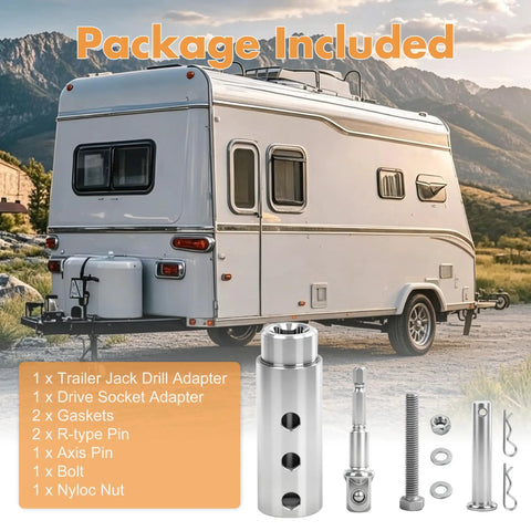 Tough As Nails Trailer Jack Drill Adapter Crafted From Upgraded Stainless Steel with included accessories for RV maintenance.