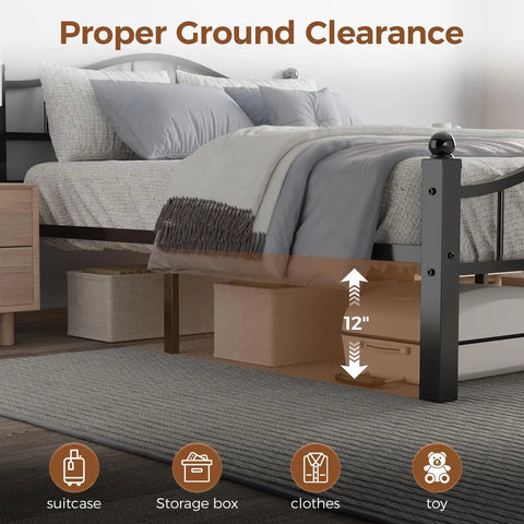 Rock Solid Full Size Metal Bed Frame With Headboard Heavy Duty Steel Squeak Free Design Noise Dampening Joints Supports 1500 Lbs Weight Capacity For Light Sleepers Home Decor with 12-inch ground clearance and storage space underneath.